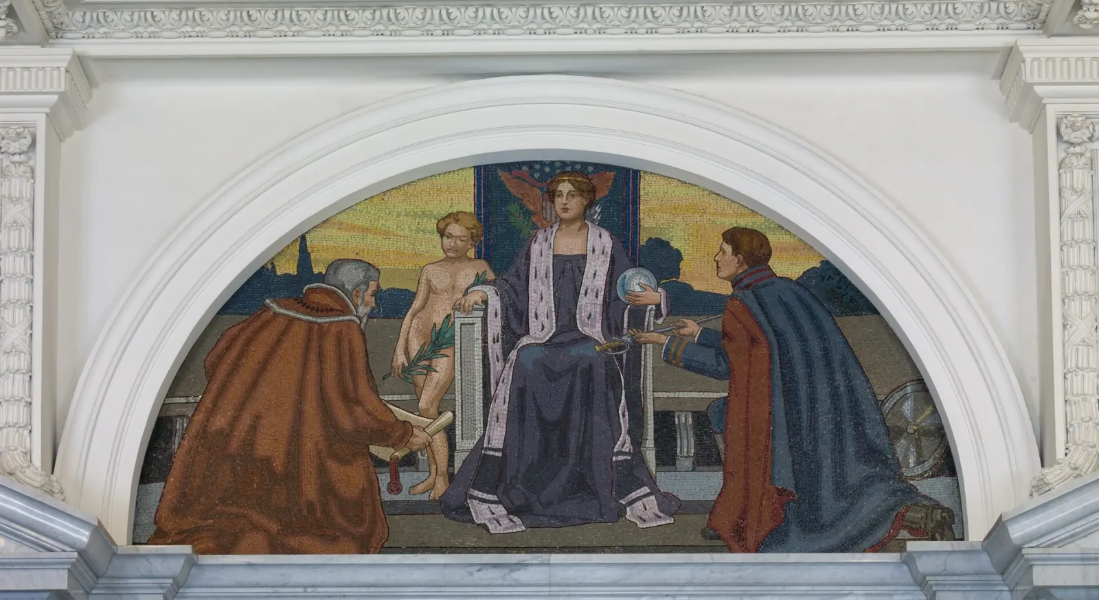 A courtroom in the James R. Browning United States Court of Appeals Building in San Francisco, with a raised wooden bench beneath an ornate coffered ceiling and a mosaic-tiled arch.