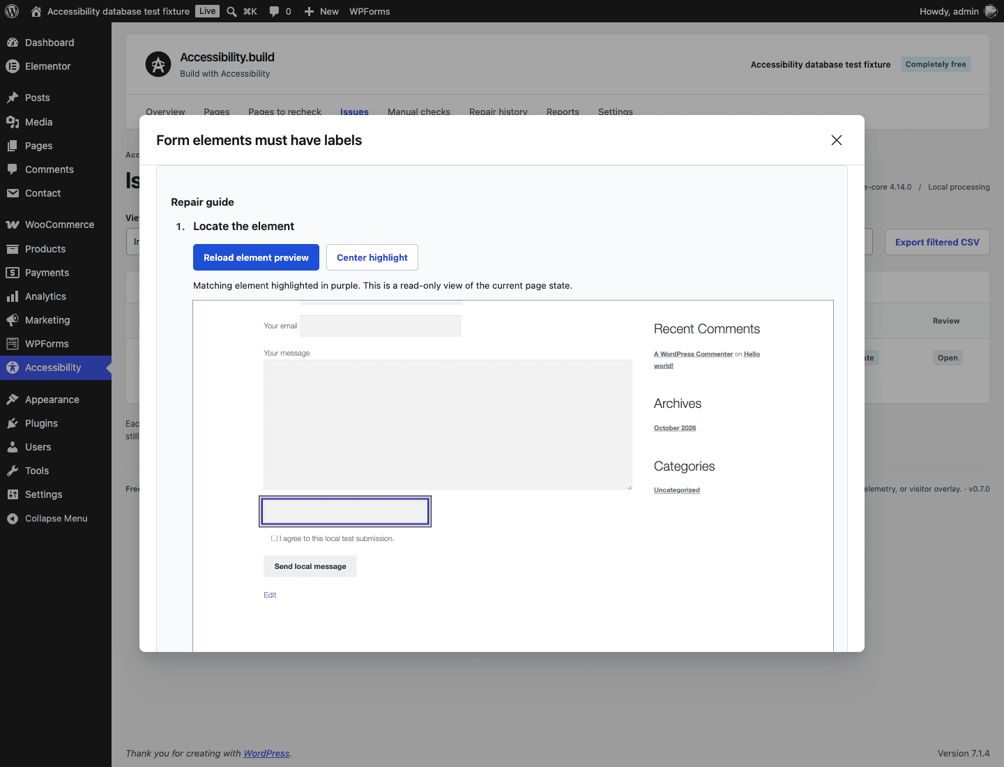 Version 0.7 in the WordPress admin panel: a private preview highlights the affected field on a Contact Form 7 test page, alongside the guided source and repair workflow.